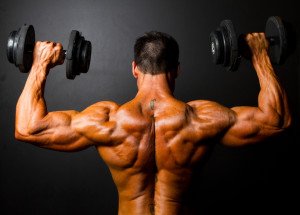 bodybuilder training with dumbbells